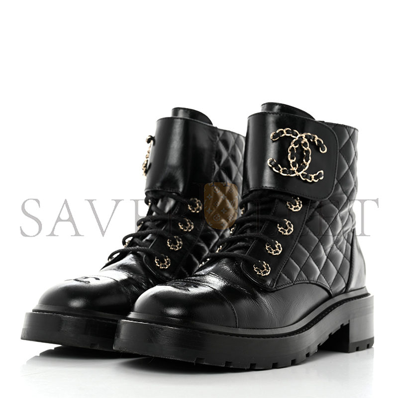 Ch*el shiny calfskin quilted lace up combat boots